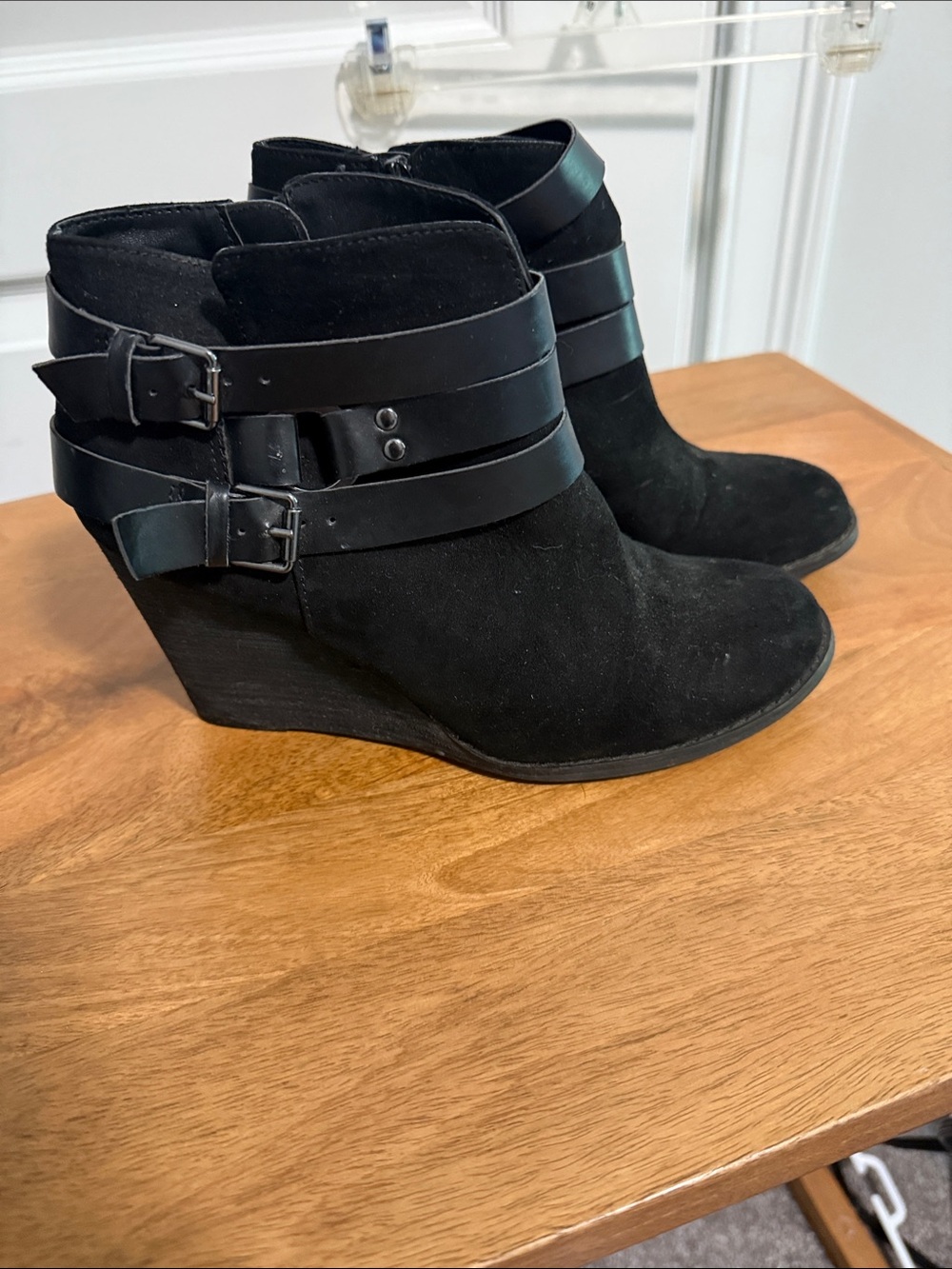 Carlos by Carlos Santana Black Suede Wedge Ankle Booties with Buckle Straps